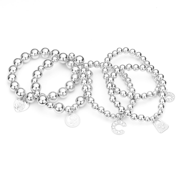 Silver Lock Pendant Charms Rhinestone Crystal Beaded Stretch Bracelet Jewelry - Picture 2 of 2